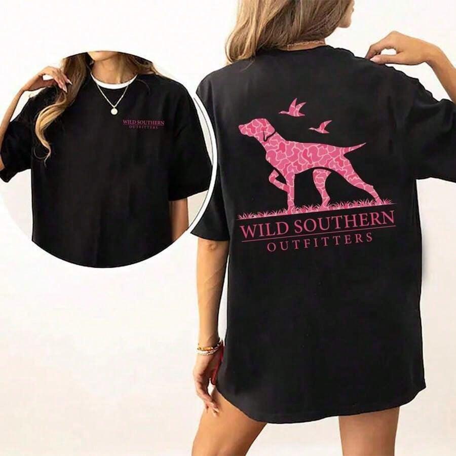 [100% Cotton]Pink Camo Hunting Dog Shirt, Wild Southern T-Shirt, Simply Printed Graphic ShirtNew Comfortable Retro Cotton T-Shirt