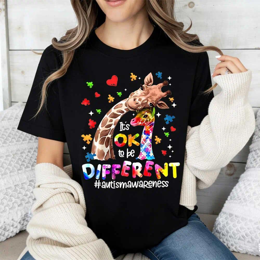 Giraffe Puzzle Piece Heart Graphic Tee | Autism Awareness T-Shirt | Proud To Be Different Casual Top for Women