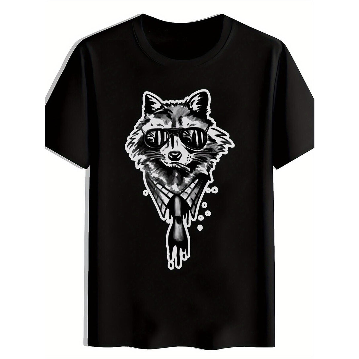 Men'S Monochrome Raccoon Graphic T-Shirt - Short Sleeve, Crew Neck, Featuring Stylish Raccoon with Sunglasses and Bandana