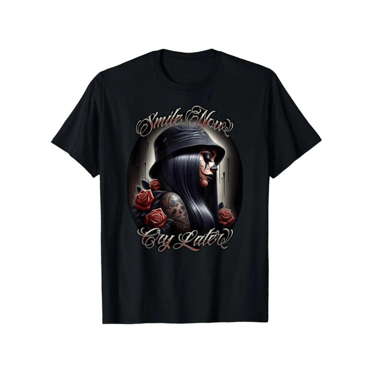 Mens Cotton TShirt Featuring Smile Now Cry Later Chicana Payasa Tattoo Chicano Artwork