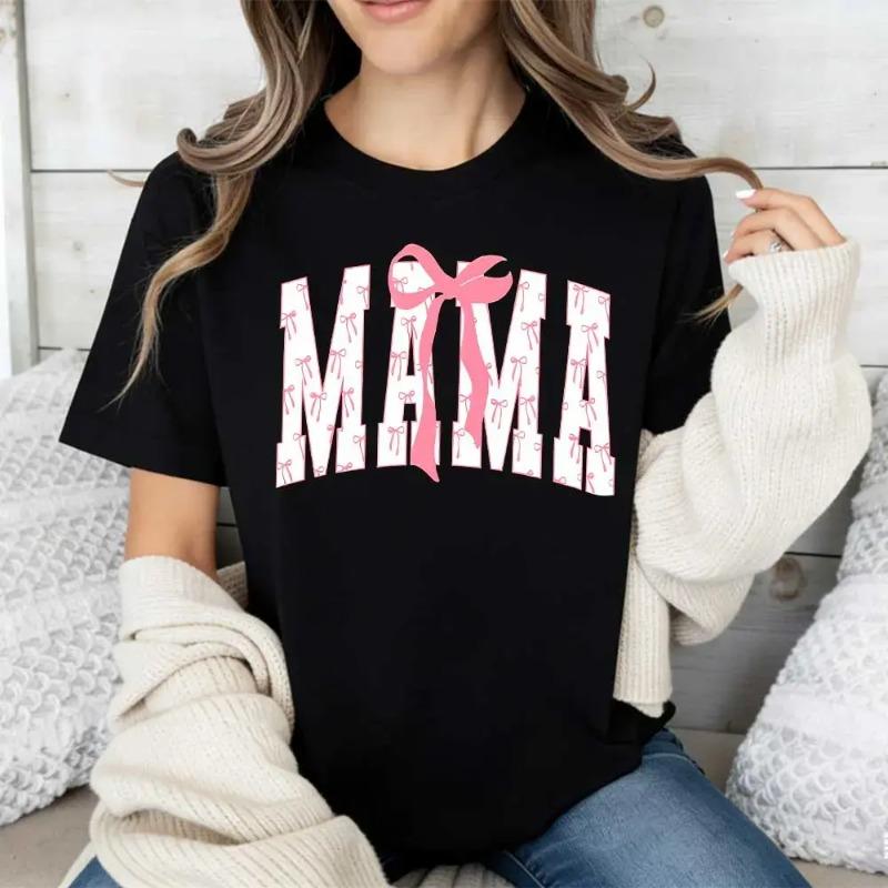 Mama Pink Bow Print T Shirt Crew Neck Casual Tee For Women Mother Day Gift Wear