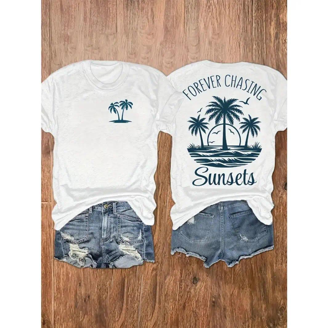 Forever Chasing Sunsets Beach Tee - Women’s Palm Tree Summer Top - 100% Cotton Coastal Casual