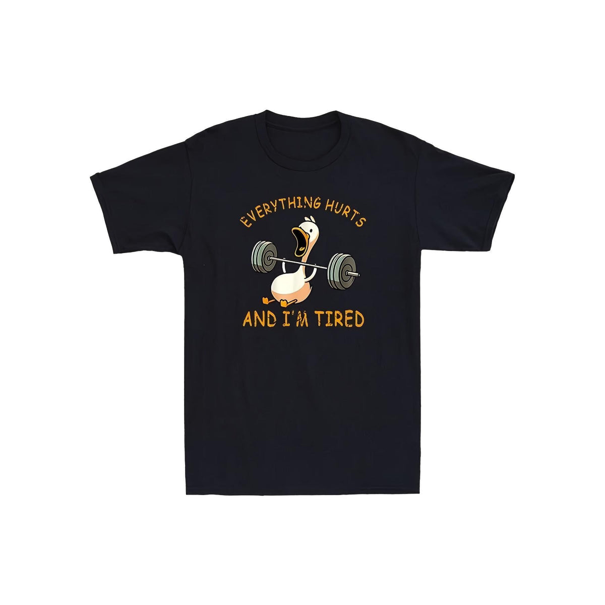 Funny Gym Fail Meme T-Shirt - Everything Hurts & I'm Tired Duck Weightlifting Design - Men's & Women's Matching Black Retro Fitness Shirt - Heavy Lifting Slogan - Casual Workout Outfit - Funny Gym Humor Apparel - Unisex Adult T-Shirt with Round Neck