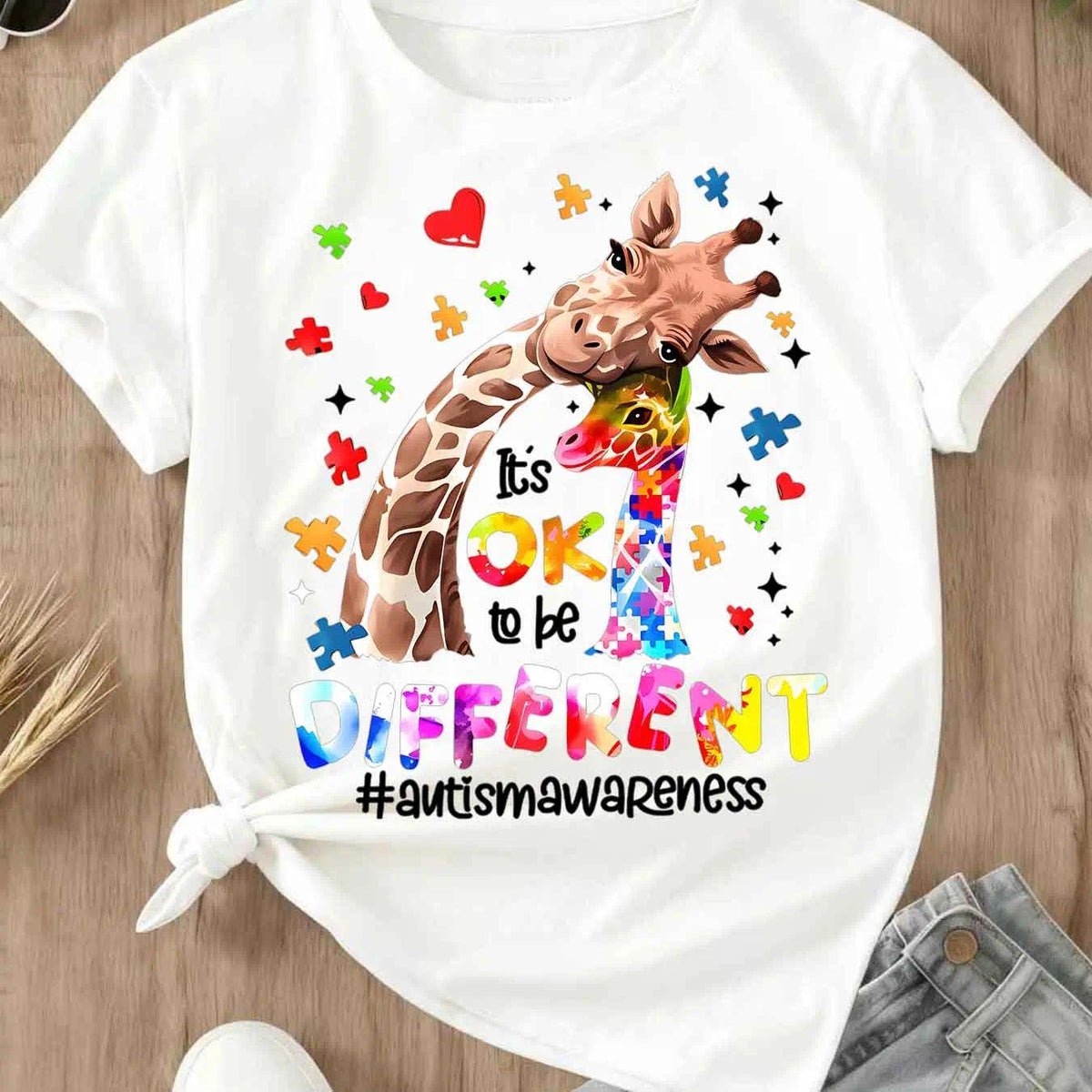Giraffe Puzzle Piece Heart Graphic Tee | Autism Awareness T-Shirt | Proud To Be Different Casual Top for Women