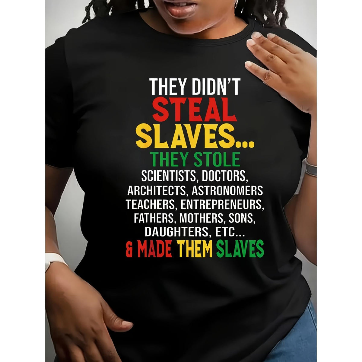 Casual Round Neck Letter Print T-Shirt, Juneteenth Celebration, Breathable & Stretchy, All Seasons