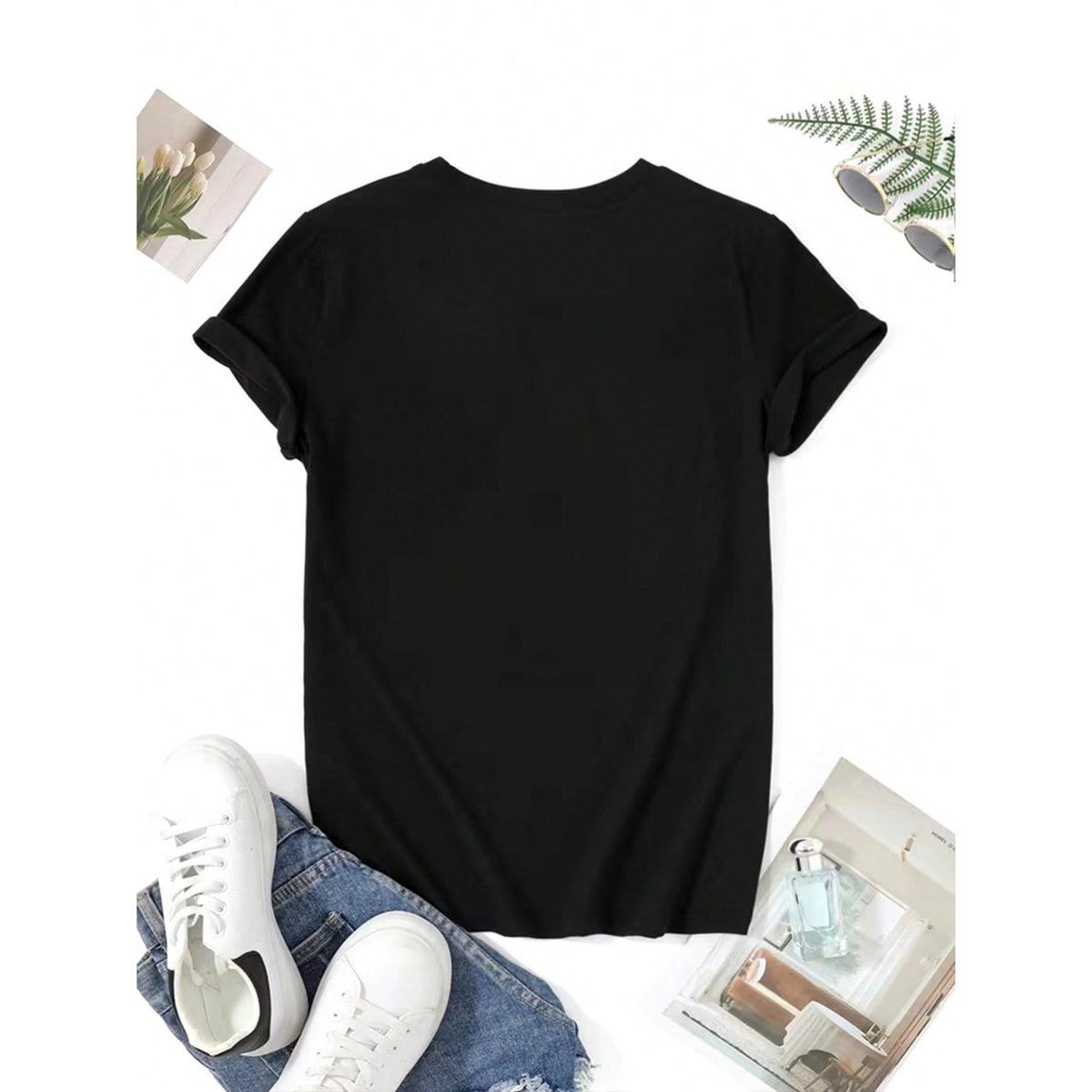 Psalm 136:1 "His Love Endures Forever" Christian T-Shirt | Women's Cross & Heart Graphic Tee | 100% Cotton Black Casual Top