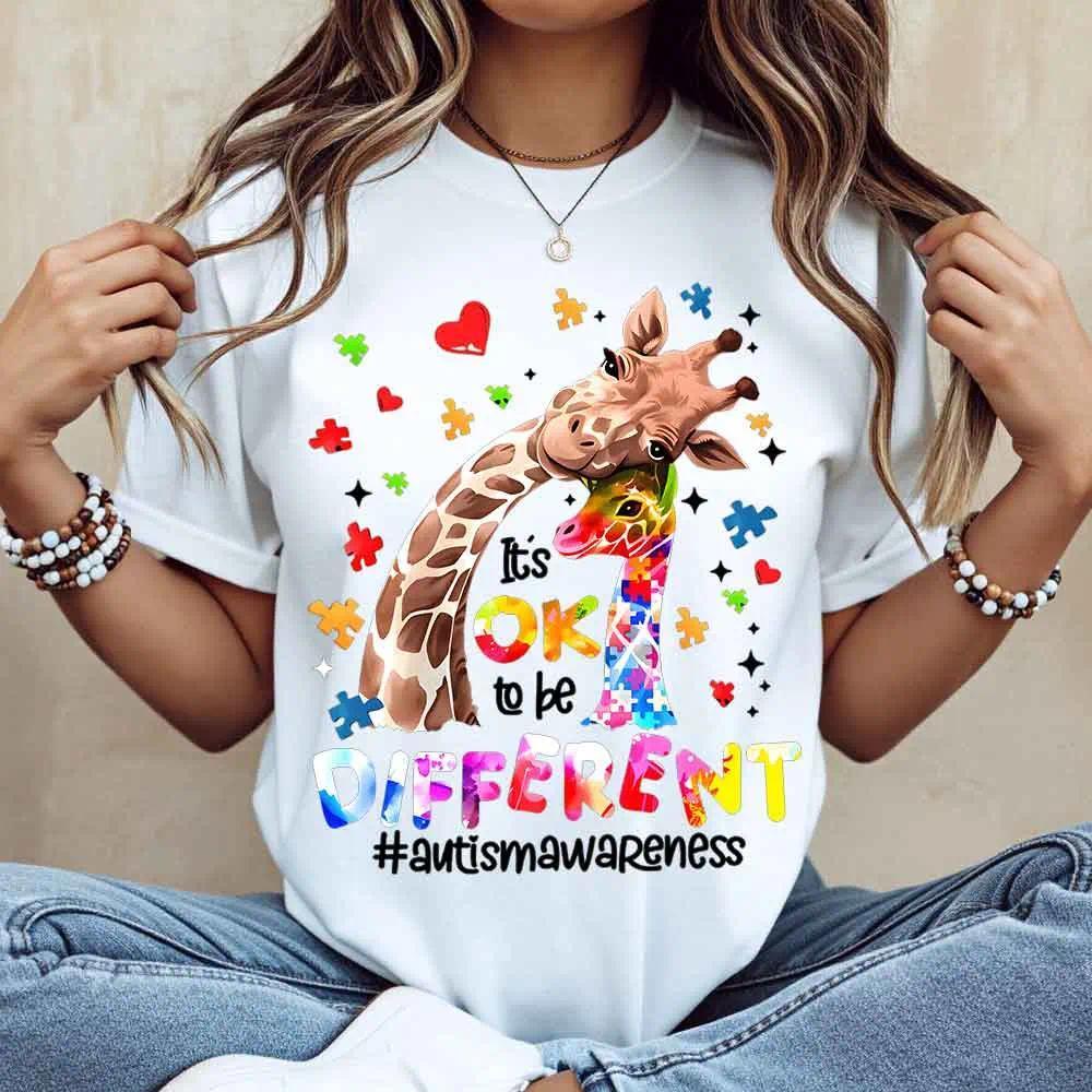 Giraffe Puzzle Piece Heart Graphic Tee | Autism Awareness T-Shirt | Proud To Be Different Casual Top for Women