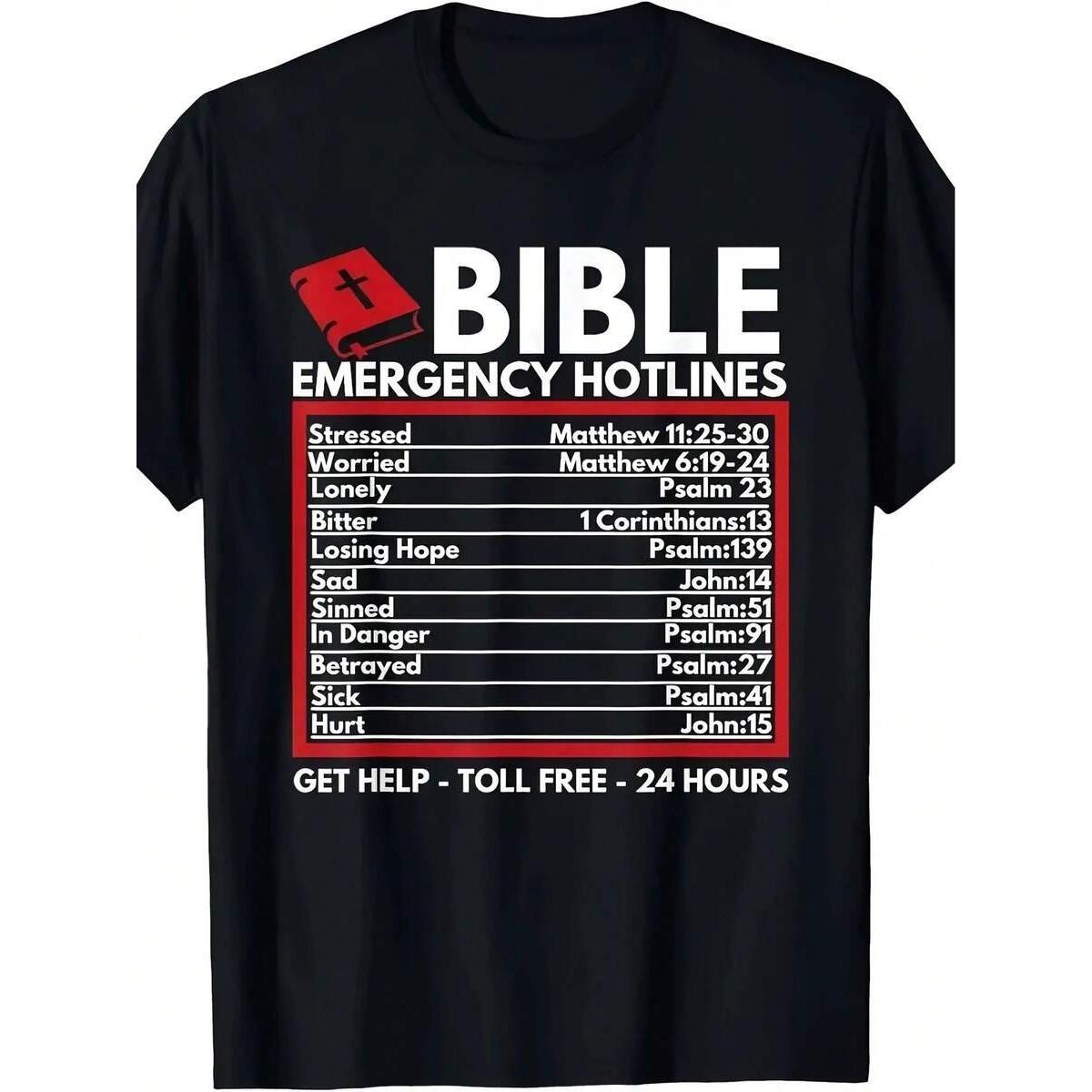 Funny Christian Bible And Jesus T-Shirt For Men, Black With White & Red Text, 24-Hour Support Design, Casual Crew Neck Tee, Summer Wear, Casual Occasion, Casual Wear Tee| Playful Bible Design| Comfortable Fit, Bible ApparelBible Emergency Hotlines