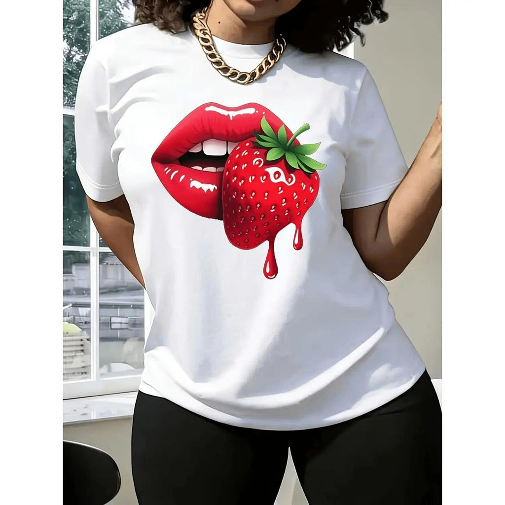 Strawberry Lip Print T-Shirt | Women's Casual Short Sleeve Tee | Spring Summer Fall Top | Machine Washable