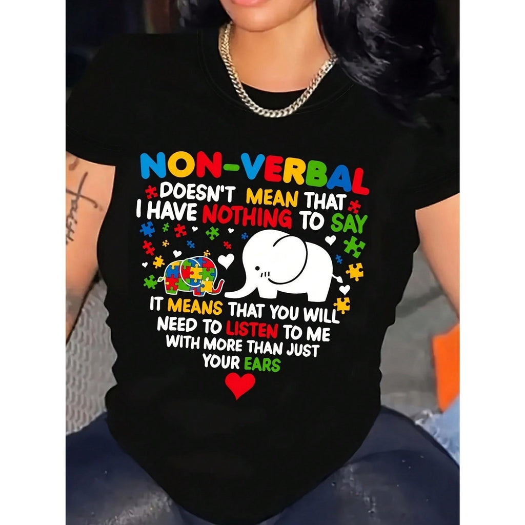 Non Verbal Autism Puzzle Print T Shirt Casual Short Sleeve Round Neck Top Fashion All Season Women'S Clothing