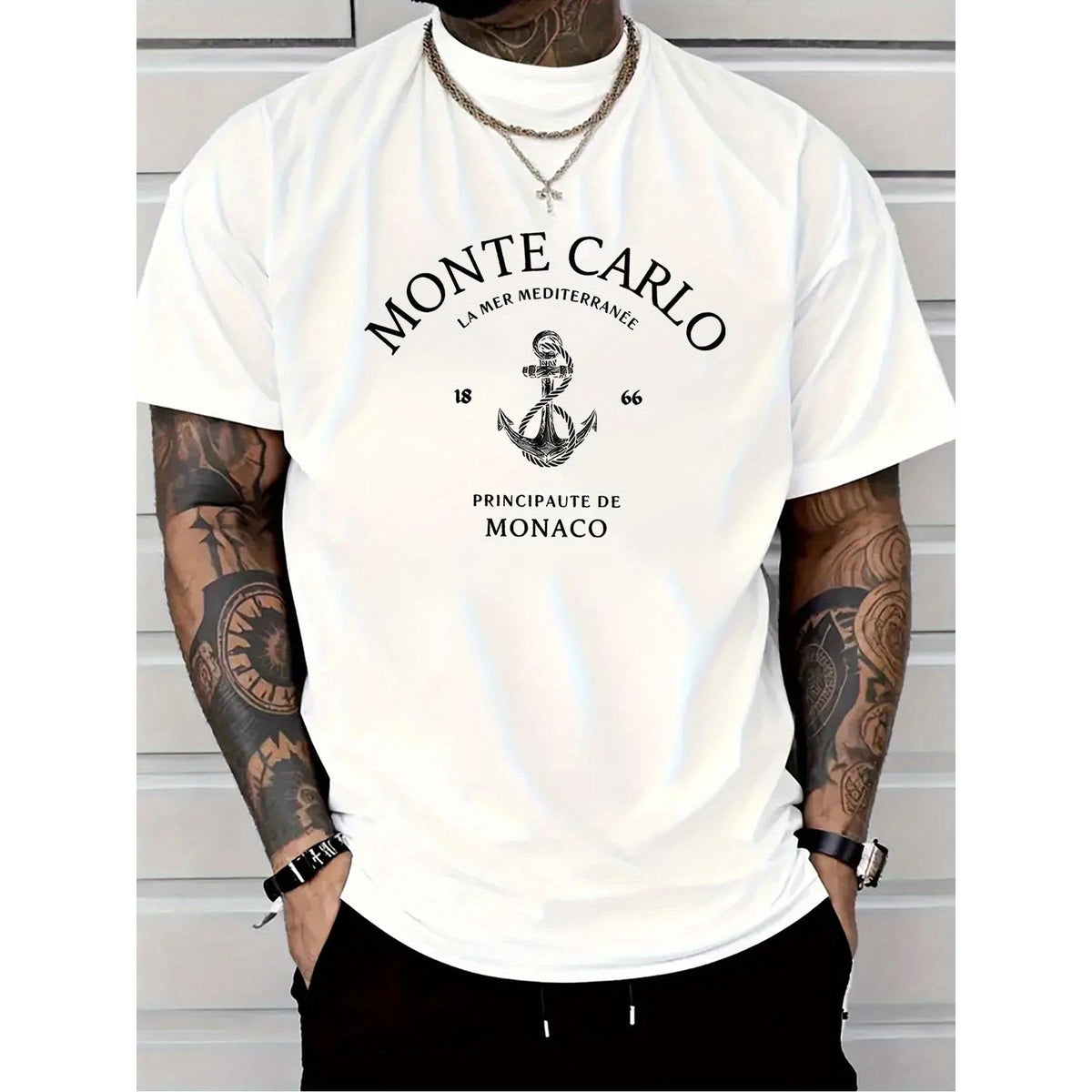 Men'S Casual T-Shirt with Monte Carlo and Montenegro Anchor Print | Breathable Streetwear Top for All Seasons, Machine Washable, Birthday and Holiday Gift, for all-season Apparel, Durable Casualwear, Crew Neck, Regular Fit, Short Sleeves