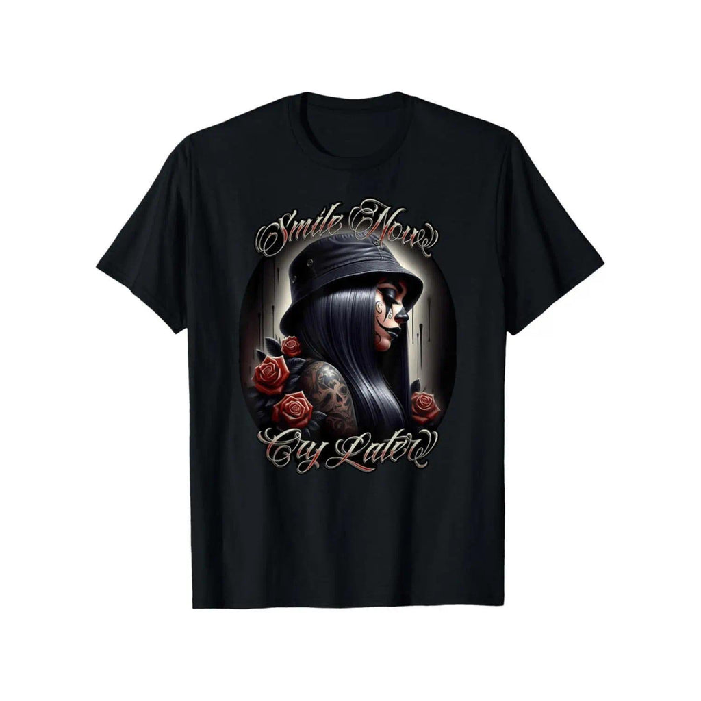 Mens Cotton TShirt Featuring Smile Now Cry Later Chicana Payasa Tattoo Chicano Artwork