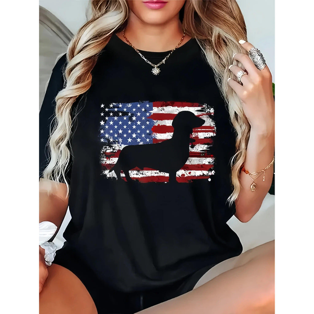 100% Cotton Casual Tshirt Dachshund Weiner Vintage American Flag T-Shirt