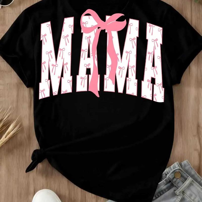 Mama Pink Bow Print T Shirt Crew Neck Casual Tee For Women Mother Day Gift Wear