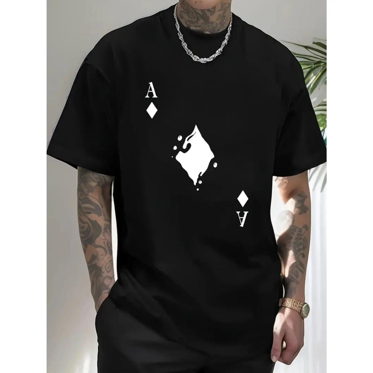Men's cotton crew neck t-shirt with bold Ace of Spades graphic print, regular fit stretch knit fabric, white casual short sleeve top, suitable for all seasons, street trend t-shirt