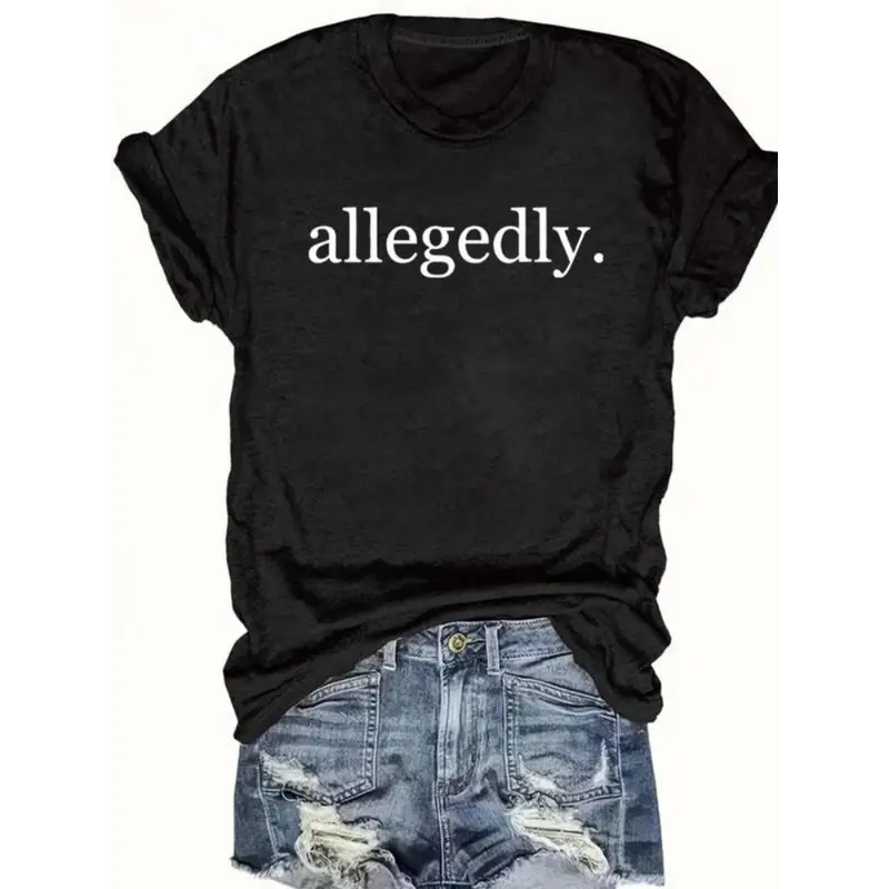 "allegedly" Print Round Neck Tee, Casual Short Sleeve Crew Neck T-shirt for Summer
