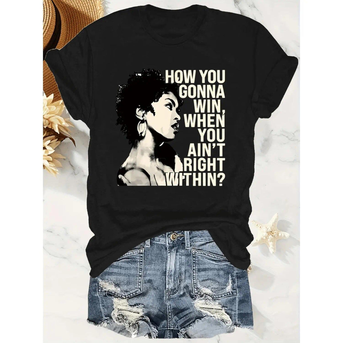 Women's Casual Short Sleeve Polyester Graphic TShirt with Inspirational Quote How You Gonna Win When You Ain T Right Within Round Neck Spring Summer Fashion Top